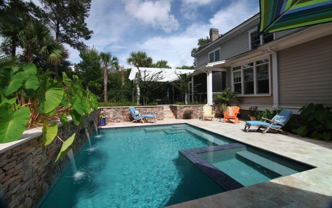 rectangular pool with waterfall