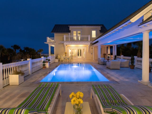 Custom Geometric Pool with Blue Night Lighting