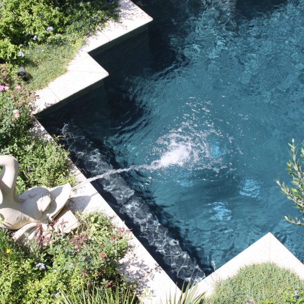 aerial view of pool with fish water fountain