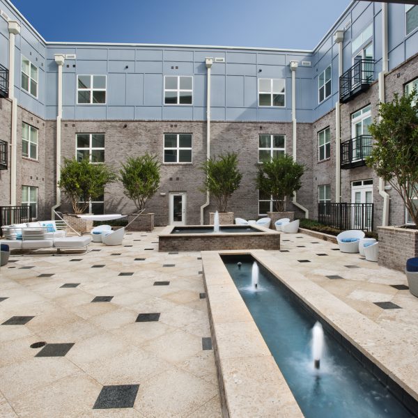 Outdoor fountain water features in Elan Midtown apartments