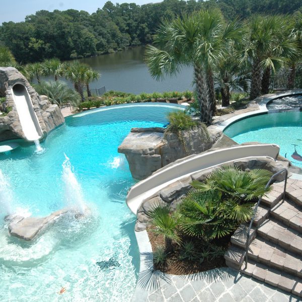 Outdoor pool with water features