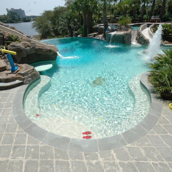 Outdoor pool with water features