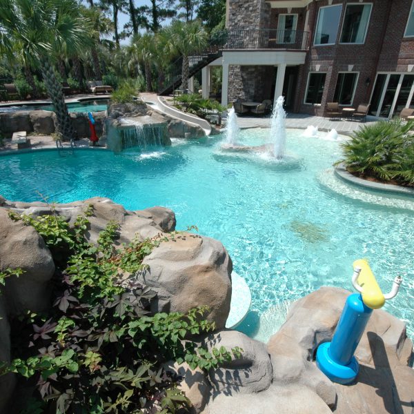 Outdoor pool with water features