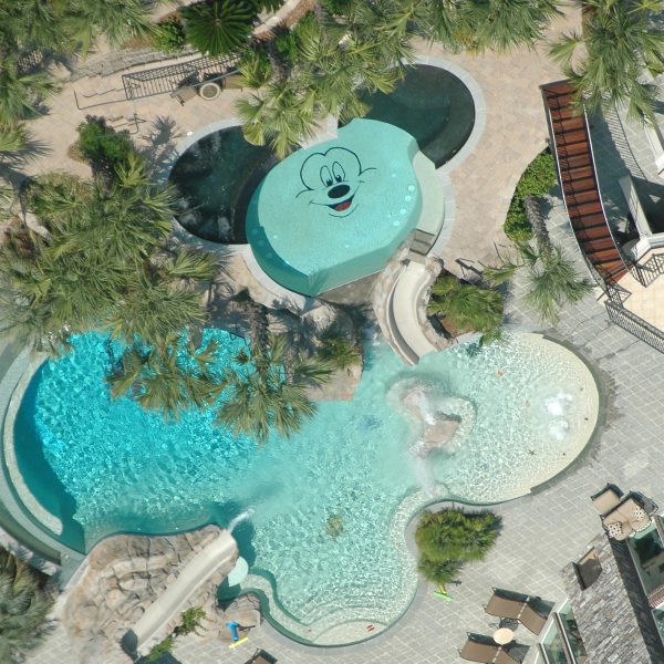 Outdoor pool shaped like Mickey Mouse with many different water features