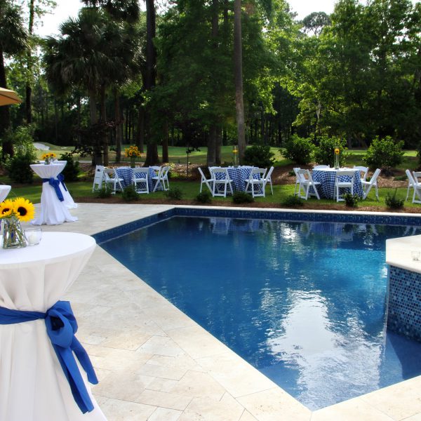 Custom Diamond Shaped Pool with Decorated Tables