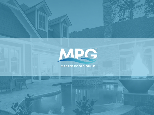 Master Pools Build logo over a picture of a backyard pool