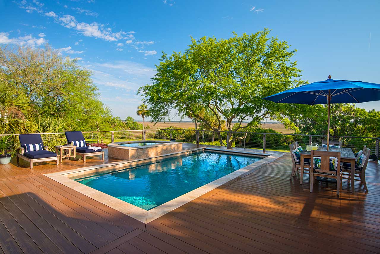 Image of a custom elevated pool and spa overlooking the South Carolina Lowcountry marsh.