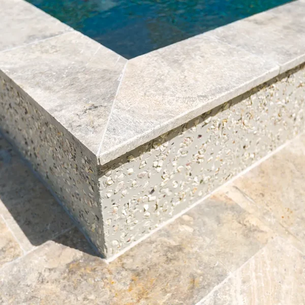 Detail of pool edge showcasing oyster shell terrazzo finish and travertine stone decking.