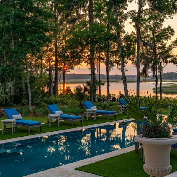 Sunset reflecting off rectangular pool surrounded by moss-draped trees and blue loungers